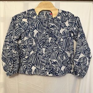 Lilly Pulitzer Rilynn Top Sz Medium Aegean Navy Blue Beach‎ Tropical Long Sleeve